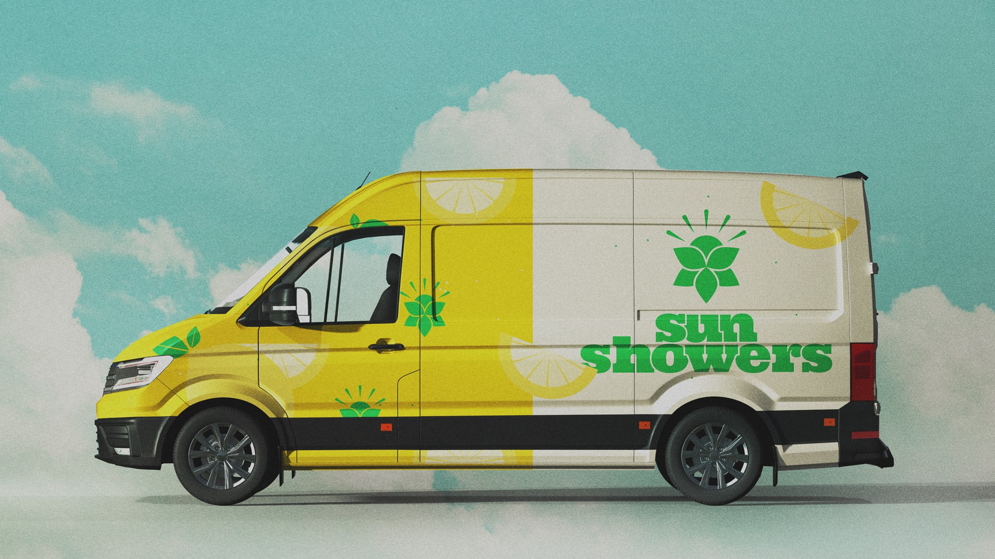 Van mockup with sunshowers branding.