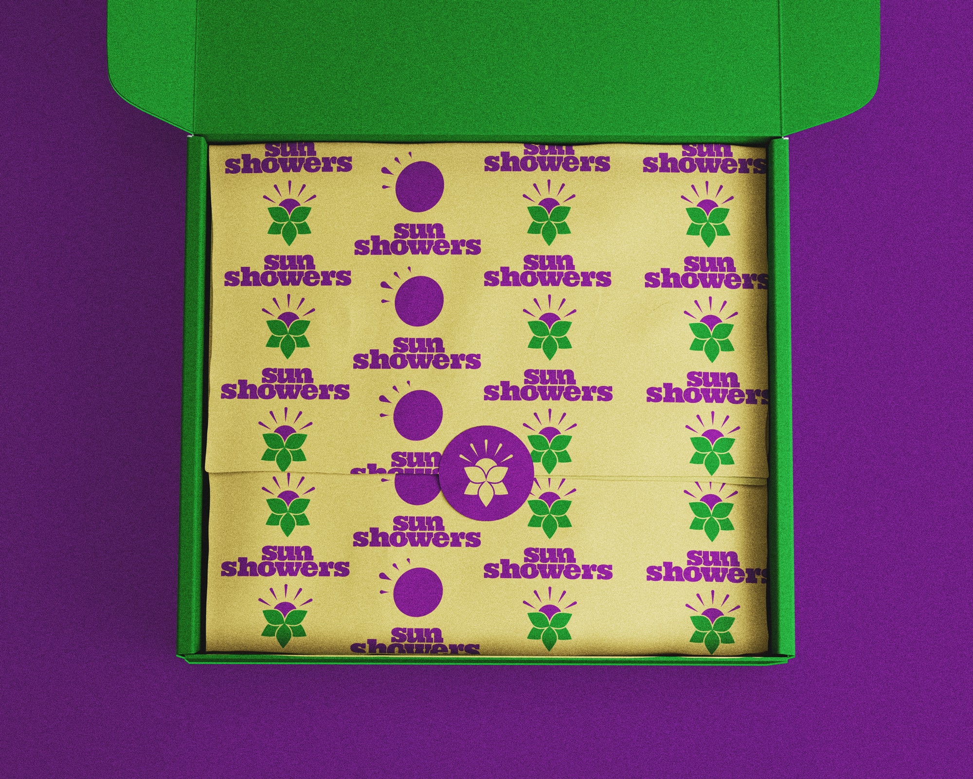 An open box that has packaging paper inside with the grapeade pattern.