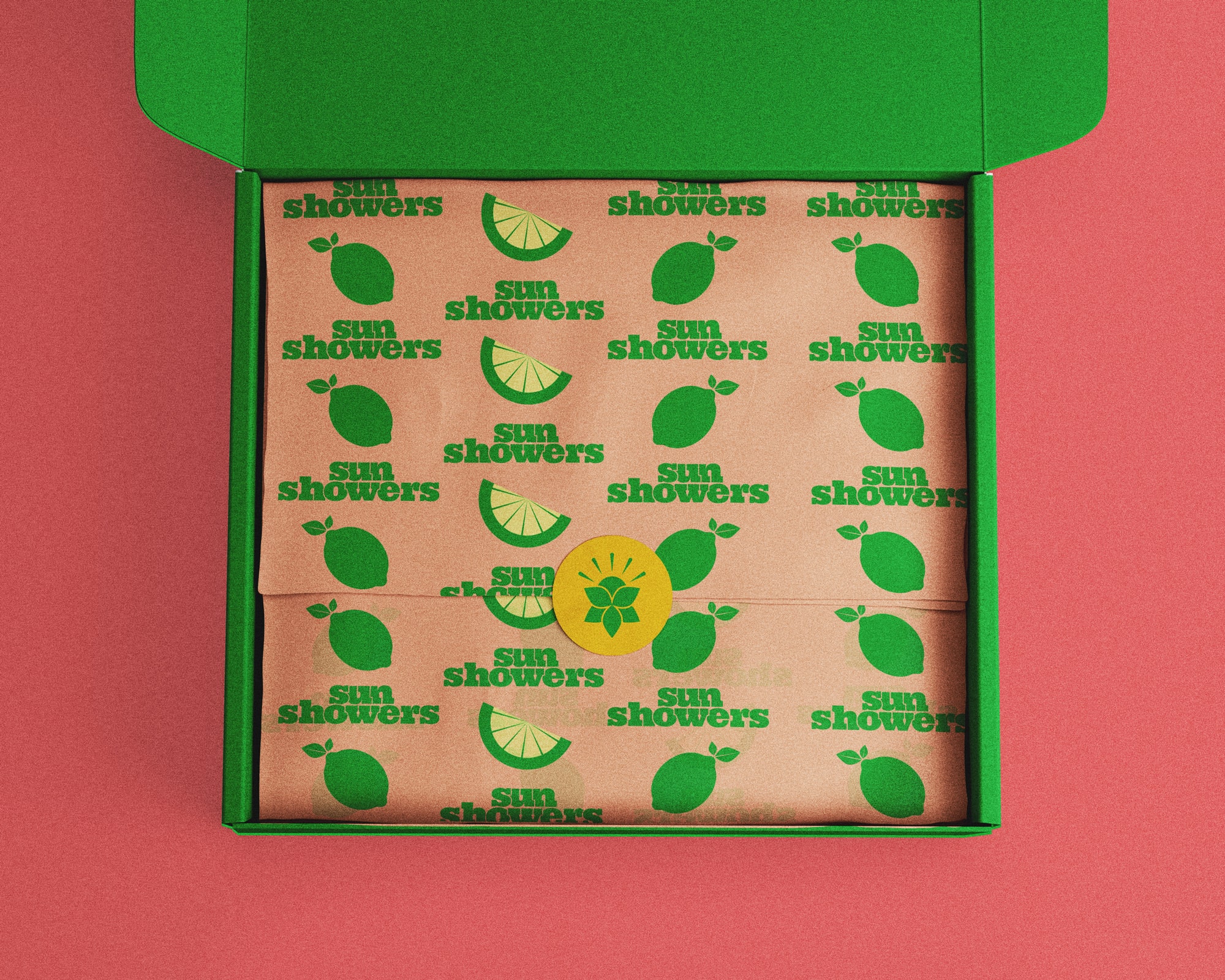 An open box that has packaging paper inside with the limeade pattern.