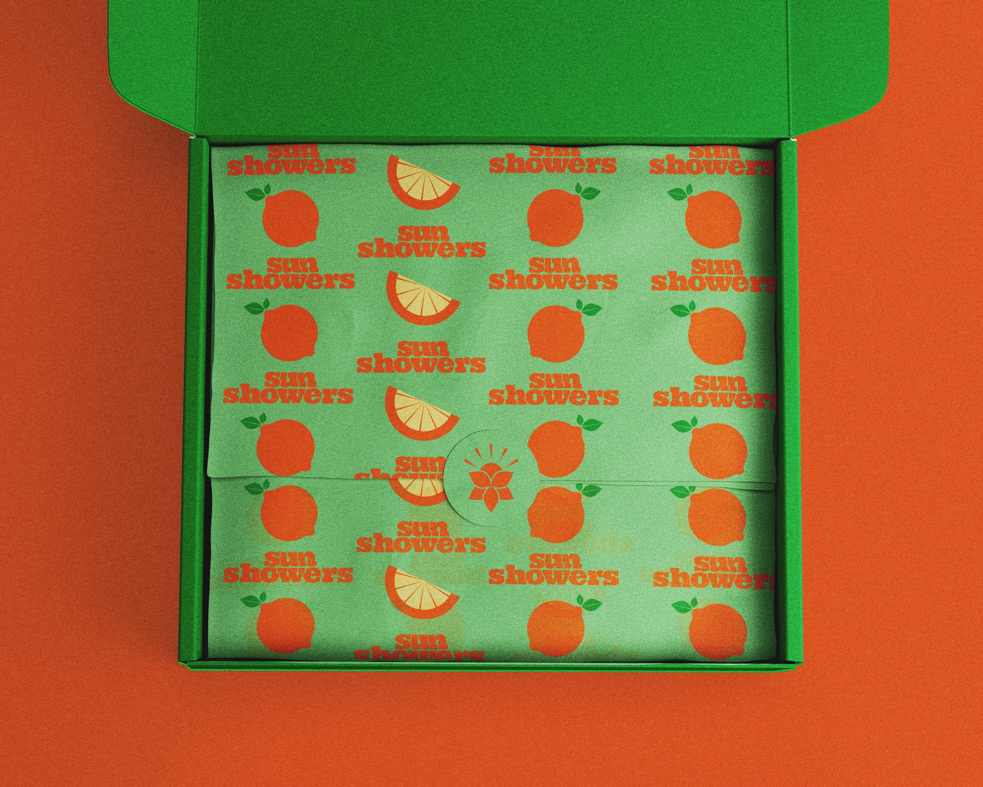 An open box that has packaging paper inside with the orangeade pattern.